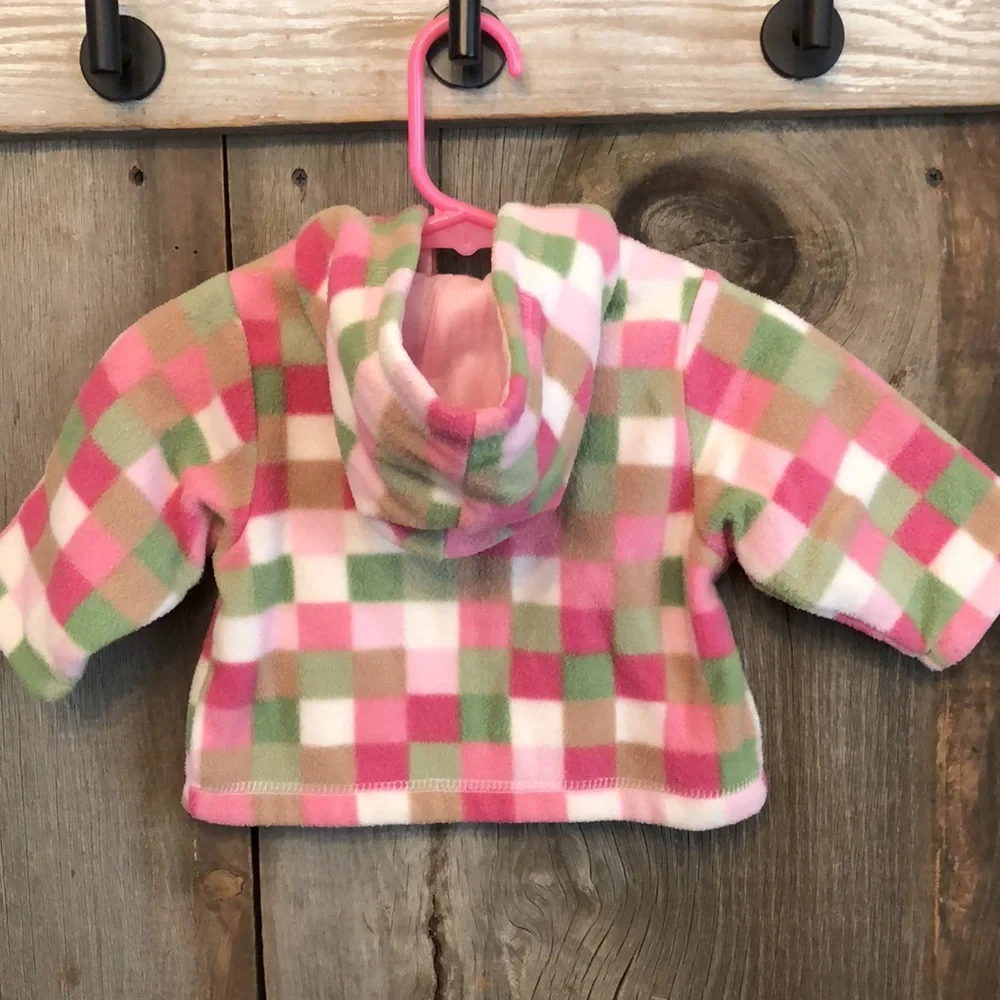 Children’s Place Pink Green Checkered Full Zip Fleece Hooded Jacket 3-6 months